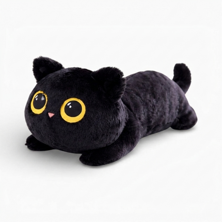 Schwarze Katze Kuscheltier Kawaii - Fond blanc angle