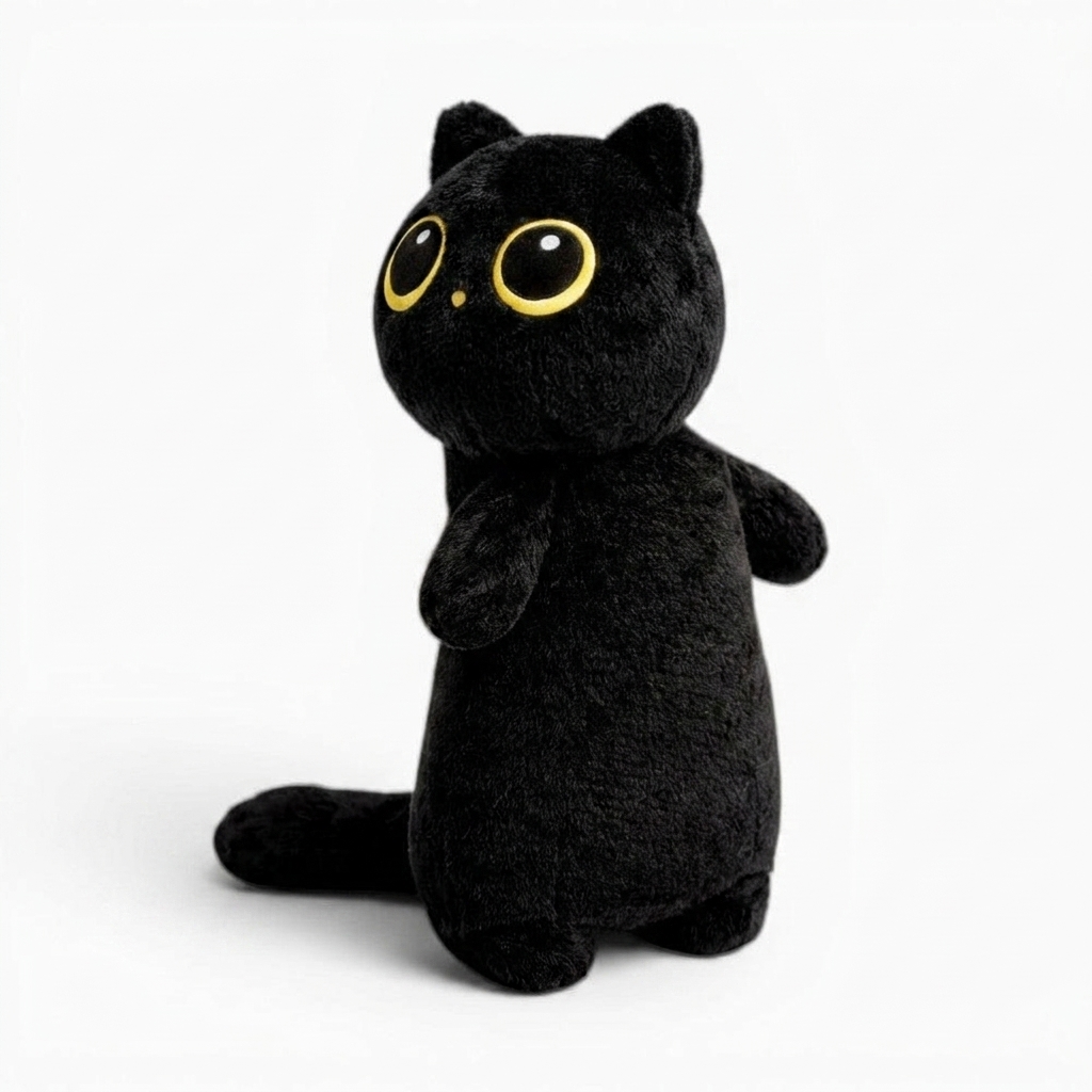 Schwarze Katze Plüschkissen Kawaii Kuscheltier - Fond blanc angle