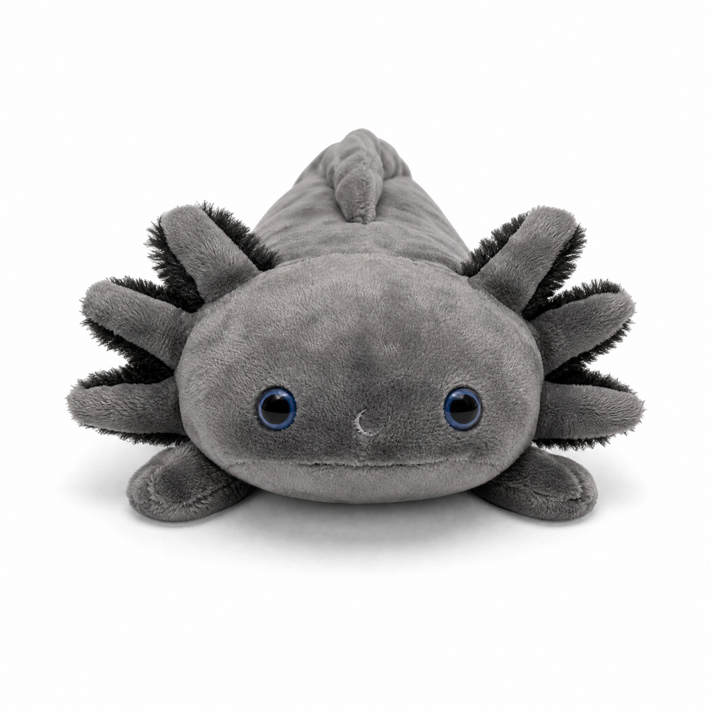 Schwarzes Axolotl Plüschtier realistisch - Fond blanc frontal
