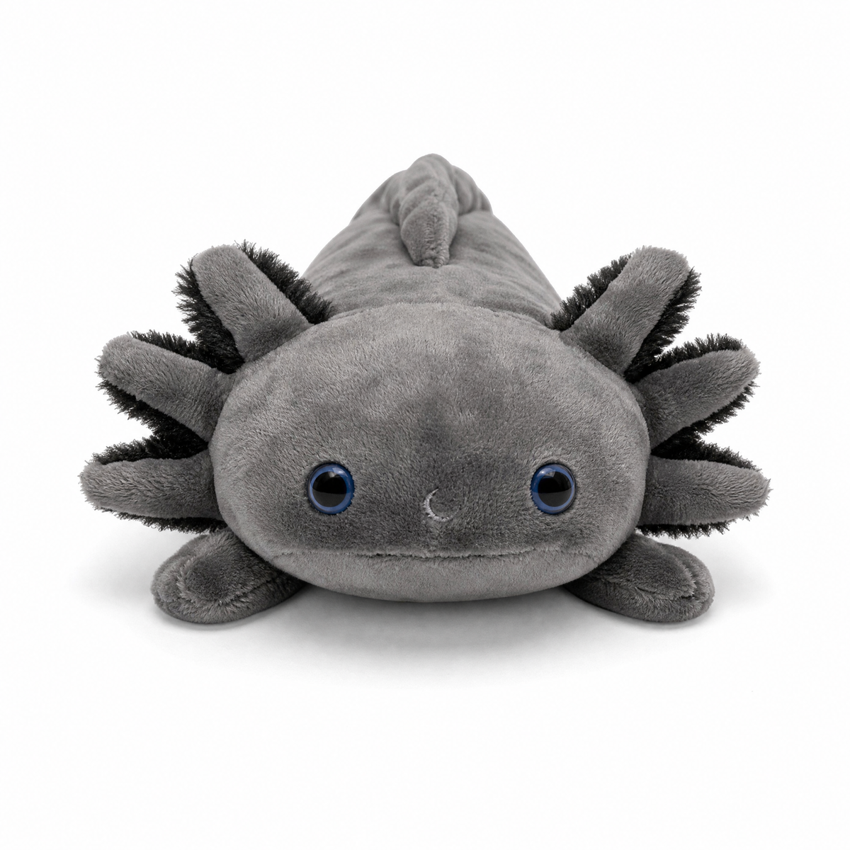 Schwarzes Axolotl Plüschtier realistisch - Fond blanc frontal