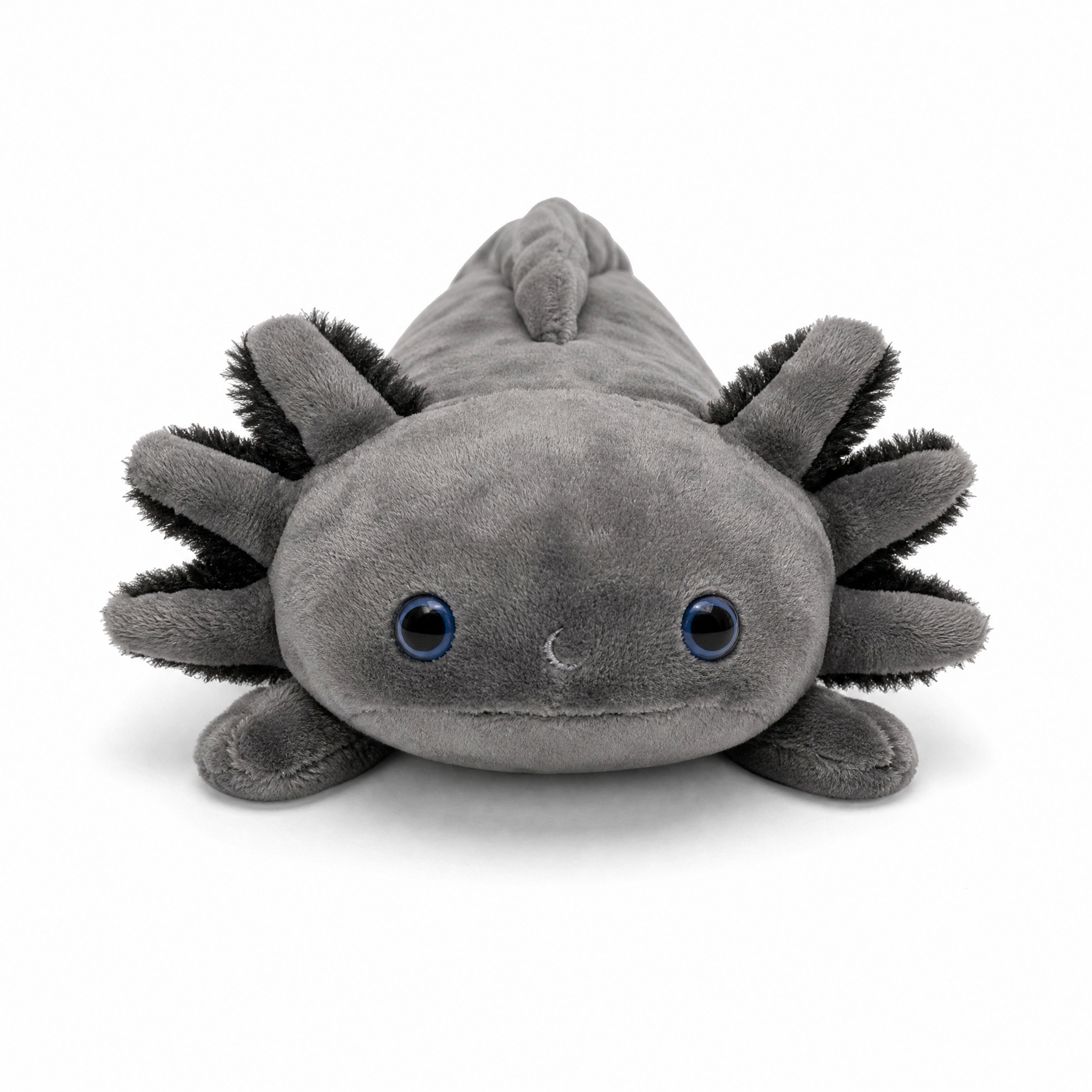 Schwarzes Axolotl Plüschtier realistisch - Fond blanc frontal