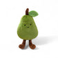 Une peluche verte en forme de poire avec un petit sourire, des pattes marron et une feuille sur la tête, posée sur fond blanc.