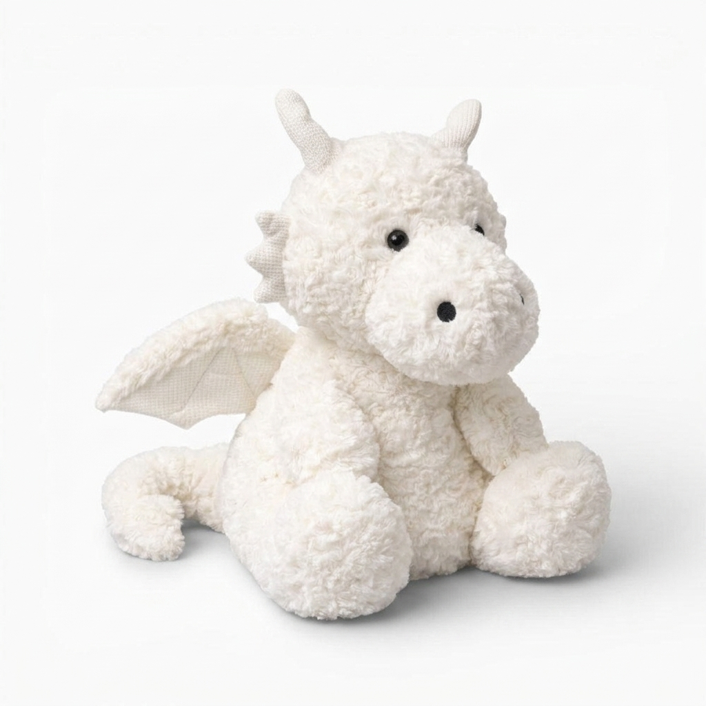 Weißes Drachen Kuscheltier mit Flügeln - Fond blanc angle